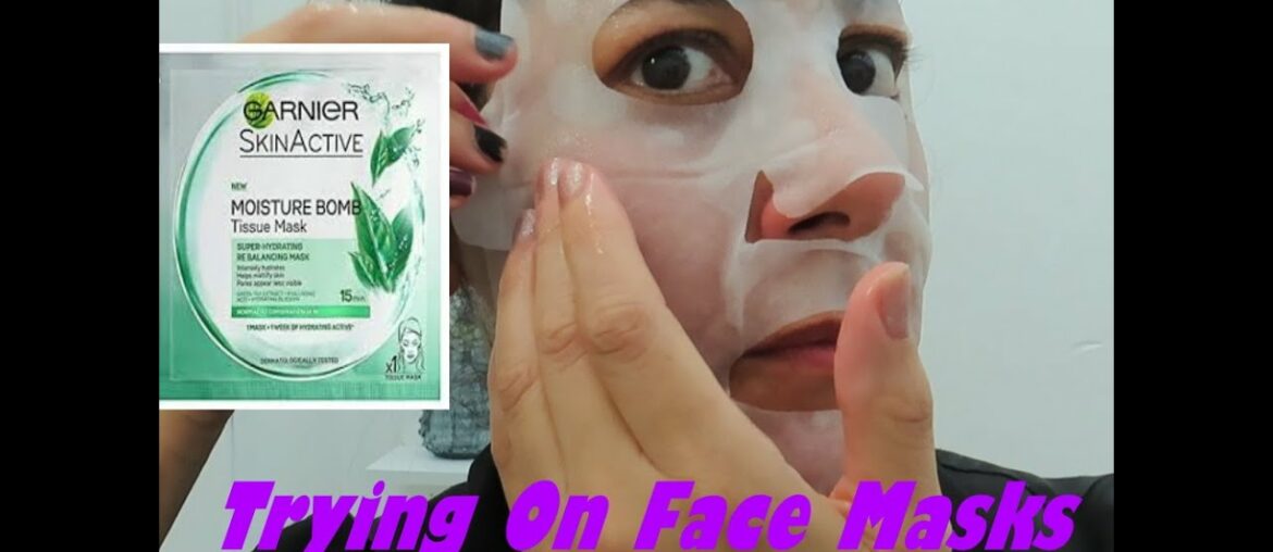 Trying on hydrating Face Masks Garnier Moisture Bomb Tissue Mask/ Precision Beauty 24k Gold  Mask