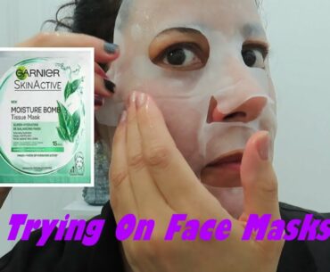 Trying on hydrating Face Masks Garnier Moisture Bomb Tissue Mask/ Precision Beauty 24k Gold  Mask