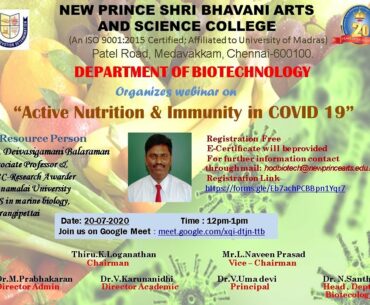 Active Nutrition and Immunity in Covid-19 Situation by Dr. B. Deivasigamani Webinar by New college