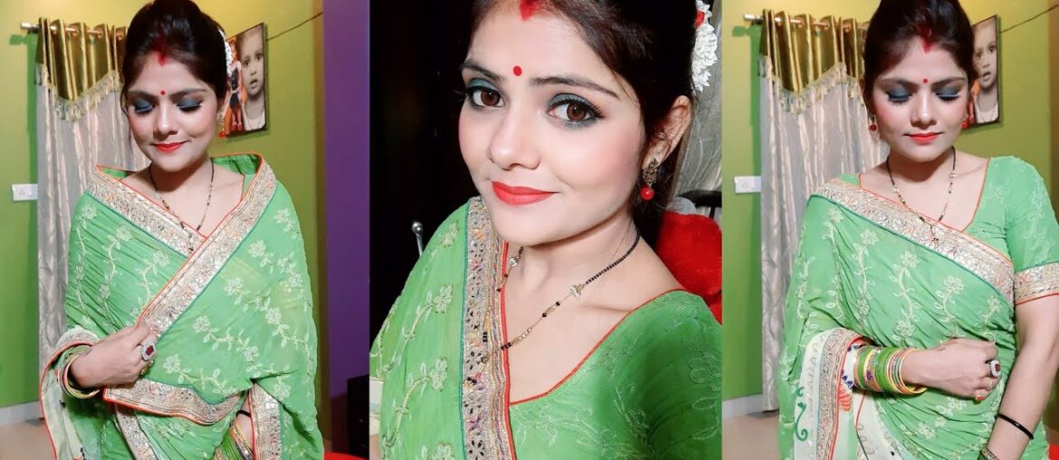 #Teejmakeuplook//Sawan makeup look//Hariyali teej pe hari saree me aise ho taiyaar//#greensmokyeye