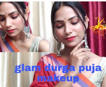 Affordable festive glam makeup tutorial ||Durga Puja ashtami makeup look 2020|| look 2