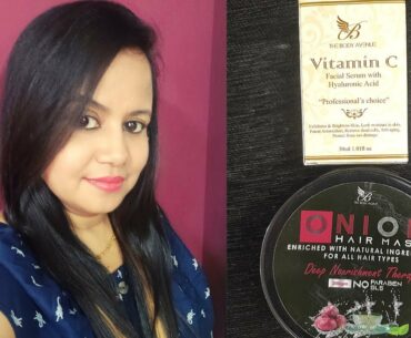 Glowing face with smooth shinny hair using The Body Avenue vitamin C serum & Onion hair mask