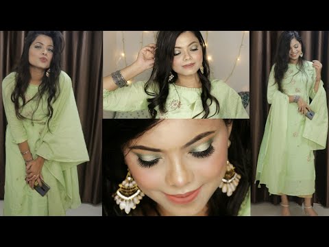 Indian wedding guest makeup look || Pastel green eye look || Pastel dress|| Trending colour 2020 ||