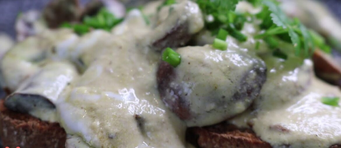 One Pan Creamy Mushrooms on Toasted Homemade Bread slices - source of Vitamin D , very easy recipe.