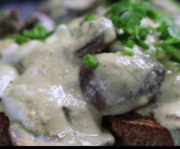 One Pan Creamy Mushrooms on Toasted Homemade Bread slices - source of Vitamin D , very easy recipe.