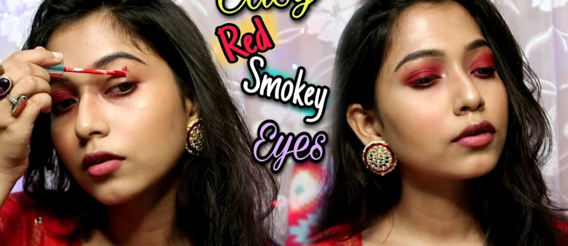 Easy Red Smokey Eyes Tutorial For Beginners Using Only A Red Lipstick || Skincare+ Makeup look
