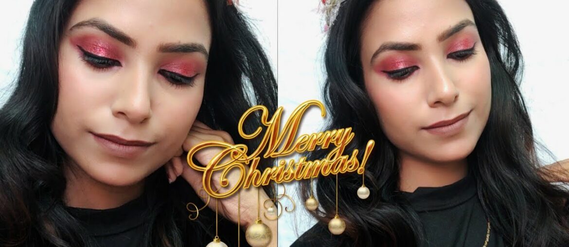 Red glitter eyeshadow makeup Christmas makeup tutorial ||Dikssha Parmar||