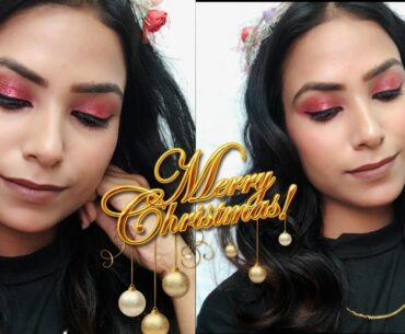 Red glitter eyeshadow makeup Christmas makeup tutorial ||Dikssha Parmar||