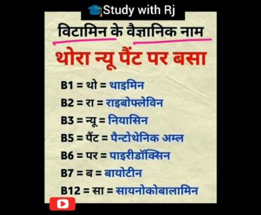Vitamins and their scientific names | Science Trick video Hindi | #studywithrj
